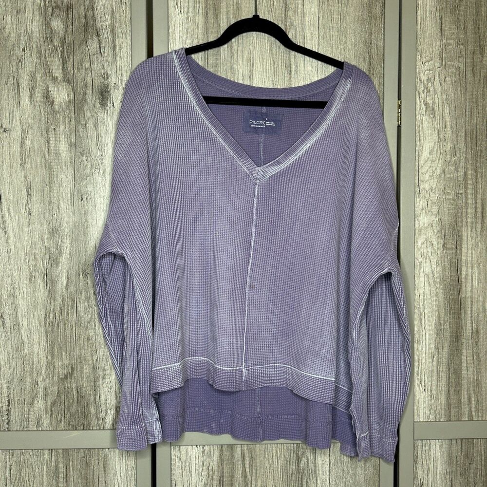 Anthropologie Pilcro Waffle Top Women Size L Oversized Boxy V Neck Purple Color